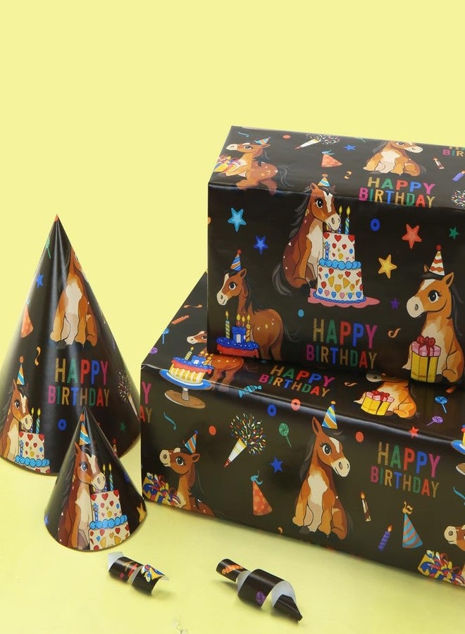 Geluode Horse Happy Birthday Wrapping Paper,Birthday Gift Wrap Black 6 Sheets,Little Brown Horse With Birthday Gifts and Hat Wrapping Paper 20x28Inch For Girls Boys Kids Birthday Farm Animal Party - Image 5